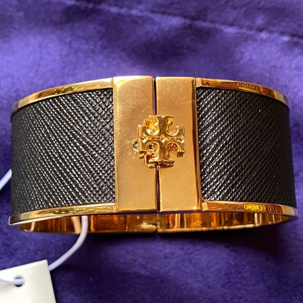 TORY BURCH Gold & Black Skinny Leather Inlay Cuff